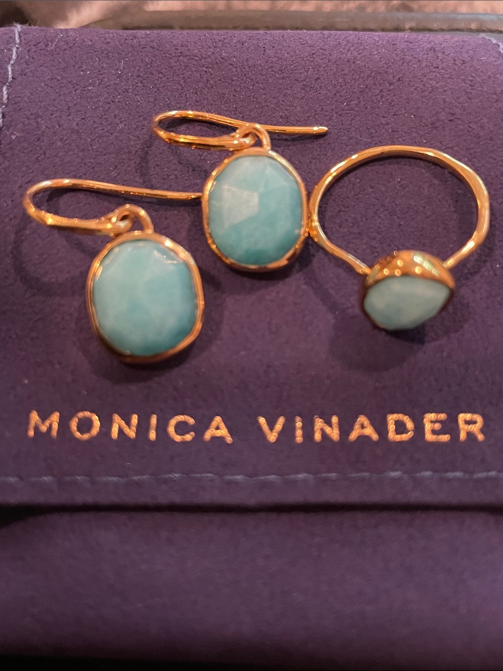 MONICA VINADER Gold Drop Earrings and ring with Aqua Blue Stones